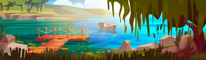Lake pier wooden platform with boat floating on blue calm water. Scenic landscape with rocky shore, green trees and reeds. Natural environment with rope railings, distant mountains, clear summer sky.