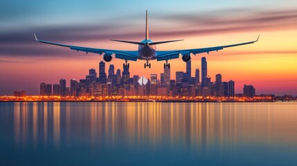 Fototapeta premium Golden Hour City Skyline with Airplane in Motion
