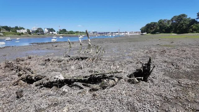 Traditional wooden boat rotting on Lorient shoreline
