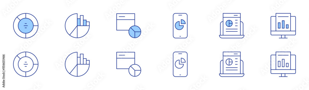 Poster analytics icon set in two styles, duotone and thin line style. editable stroke. analytics, web analy