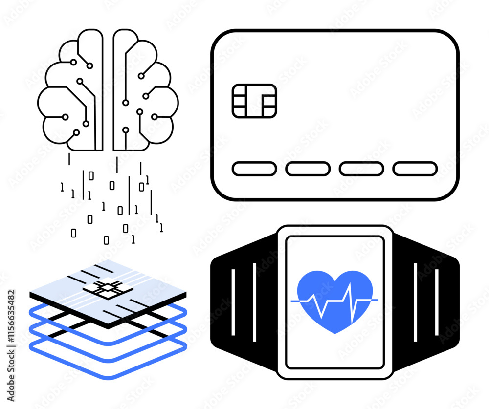 Aufkleber ai brain with binary code, credit card chip, smartwatch with heart, and technology layers. ideal for
