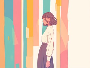 An illustration of a woman in side profile with a colorful background