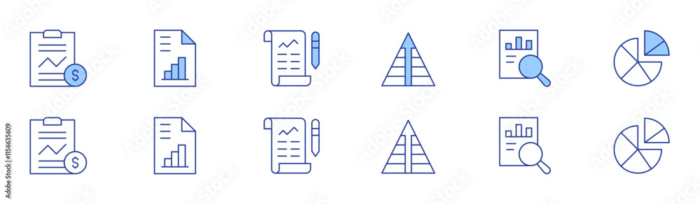 Poster analytics icon set in two styles, duotone and thin line style. editable stroke. pie chart, data, ana