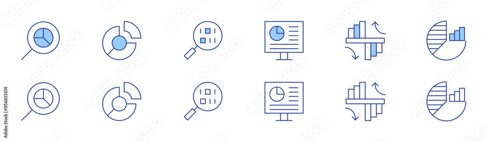 Poster analytics icon set in two styles, duotone and thin line style. editable stroke. search, pie chart, d