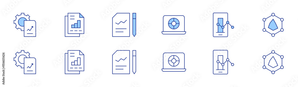 Poster analytics icon set in two styles, duotone and thin line style. editable stroke. stats, document, ana
