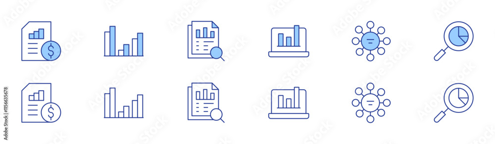Poster analytics icon set in two styles, duotone and thin line style. editable stroke. pie chart, data anal