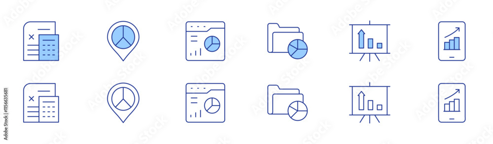 Aufkleber analytics icon set in two styles, duotone and thin line style. editable stroke. pie chart, mobile, a