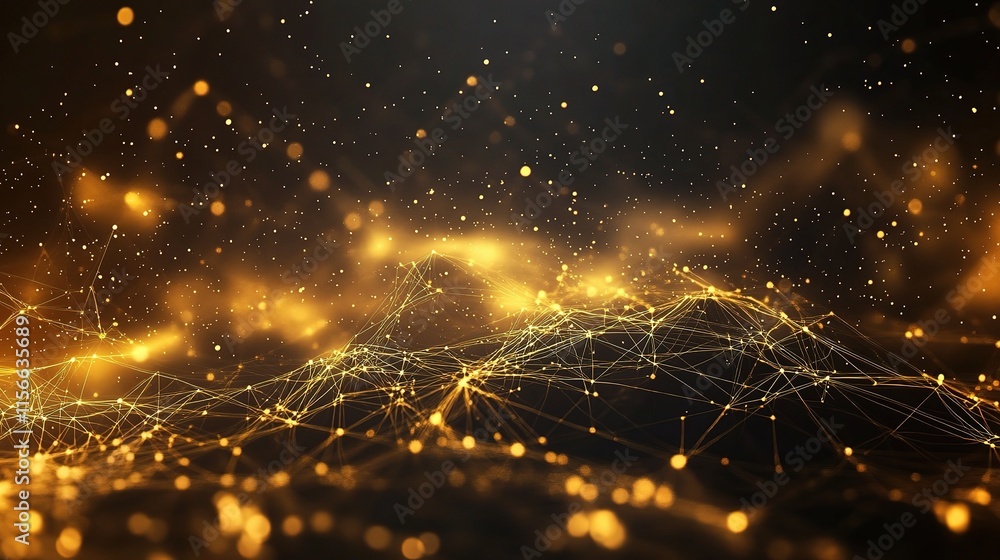 Poster golden data stream: abstract digital landscape of glowing golden particles and connecting lines, rep
