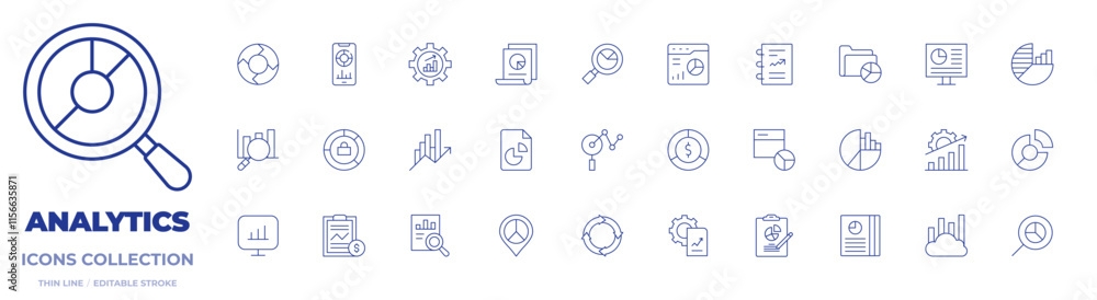 Poster analytics icons collection. thin line icons, editable stroke. cycle, data analysis, data analytics, 
