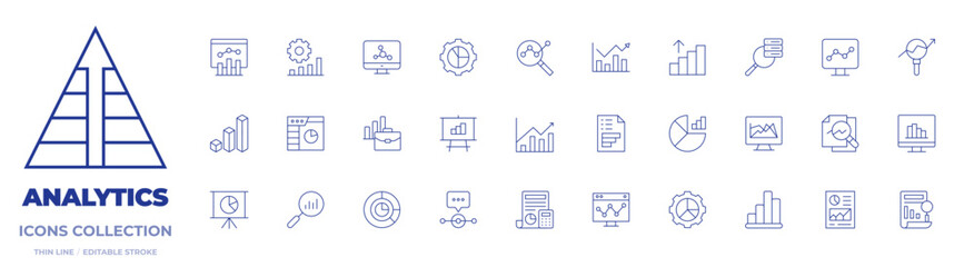 Analytics icons collection. Thin Line icons, editable stroke. analytics, accounting, analysis, assessment, computer, data analytics, gear, graph, graphic, speech bubble, spreadsheet app