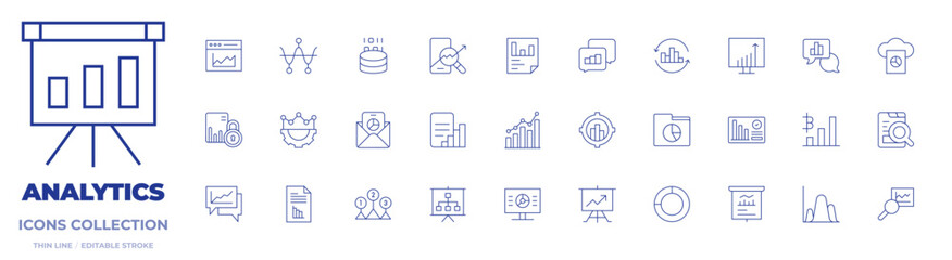 Analytics icons collection. Thin Line icons, editable stroke. chart, chat, cloud, data analytics, email, file, report, trading, traffic