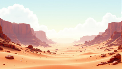 Naklejka premium A stunning desert landscape featuring red cliffs, sandy terrain, and a clear blue sky.