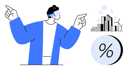 Businessman wearing VR glasses points at smart city icons including buildings and renewable energy sources. Ideal for technology, future cities, business innovation, VR applications, environmental