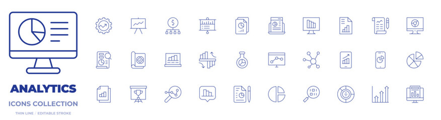 Analytics icons collection. Thin Line icons, editable stroke. comparison, computer, data analytics, file, files, management, market research, mobile, presentation, report