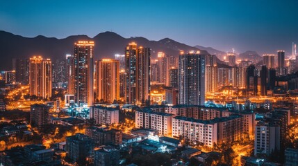Obraz premium Illuminated Cityscape with Mountain Backdrop at Dusk