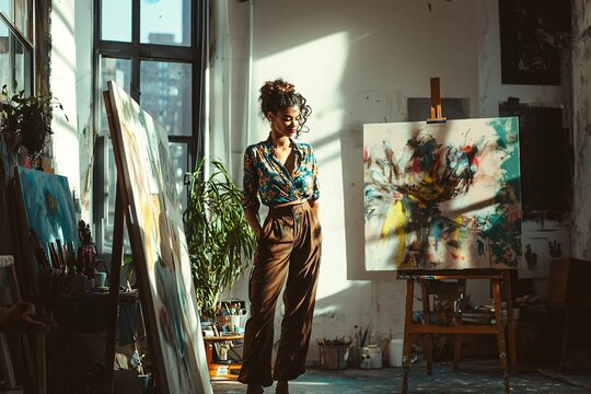 A diverse woman confidently embraces self-actualization in a contemporary studio, expressing her goals through creativity and celebrating her personal growth journey.