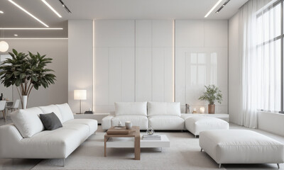 Fototapeta premium Smart living room in crisp white, with minimalist, AI-powered furniture that reconfigures based on seating preferences and an integrated voice-activated