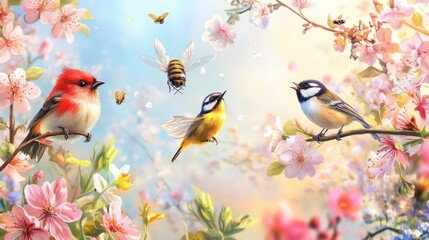 Colorful birds perched on blossoming branches with bees and butterflies in spring.