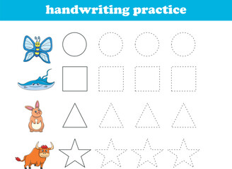 Handwriting Practice. Tracing lines of different shape for kids with animals. Vector Illustration