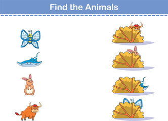 Find Hiding Animals. Child Exercise Sheet with wild animals. Printable worksheet. Cartoon vector illustration
