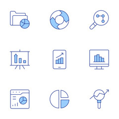Analytics icons set. Line Duotone style, editable stroke. pie chart, mobile, analytics, data, cycle