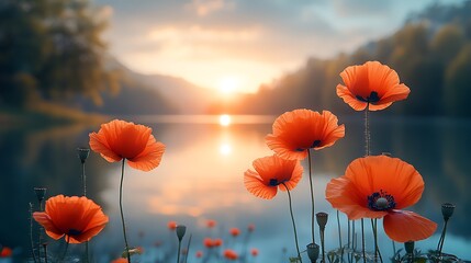 Obraz premium Vivid Orange Poppies Sunset Lake Landscape