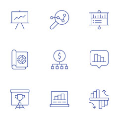 Analytics icons set. Thin Line style, editable stroke. analytical, analytics, comparison, presentation, report, trophy