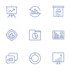 Analytics icons set. Thin Line style, editable stroke. analytics, chat, data analytics, file, loading, presentation, report, traffic