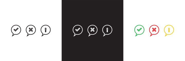 Cross, exclamation and check mark icon. Tick and cross sign business concept.  Vector illustration. isolated on white and black background. EPS 10