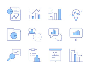 Analytics icons. Line Duotone style, editable stroke. analytic, presentation, analytics, file, report, idea, decrease, bar chart