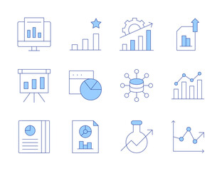 Analytics icons. Line Duotone style, editable stroke. analytics, data analytics, market research, rating, statistics, analysis, pie chart