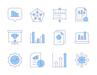 Analytics icons. Line Duotone style, editable stroke. analytics, trophy, files, management, profits, data analytics, increase, bars chart, diagram