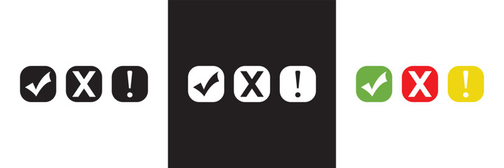 Cross, exclamation and check mark icon. Tick and cross sign business concept.  Vector illustration. isolated on white and black background. EPS 10