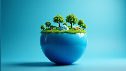 A vibrant blue sphere hosts a miniature ecosystem with lush trees and grass.