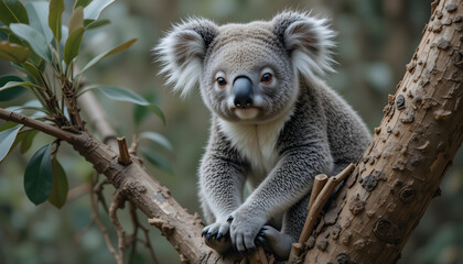 Adorable koala sitting on eucalyptus tree branch.