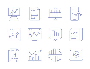 Analytics icons. Thin Line style, editable stroke. analytics, business report, comparison, data analytics, document, laptop