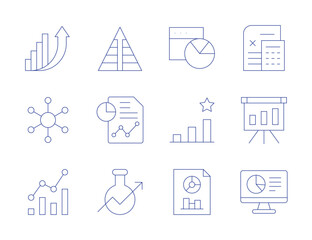 Analytics icons. Thin Line style, editable stroke. analytics, data analytics, diagram, pie chart, pyramid, rating, report