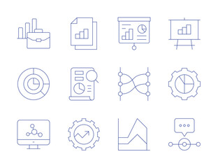Analytics icons. Thin Line style, editable stroke. analytics, computer, data analytics, file, gear, management, presentation, relations, speech bubble, stats
