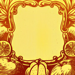 Vibrant decorative frame with fruit illustrations and copy space on yellow background
