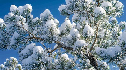 Snow-laden pine trees tower under a clear blue sky, their frosty needles sparkling in the bright sunlight, forming a winter wonderland.