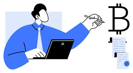 A businessman working on a laptop, pointing to a cryptocurrency symbol and documents. Ideal for technology, finance, cryptocurrency, blockchain, and business. Simple modern style