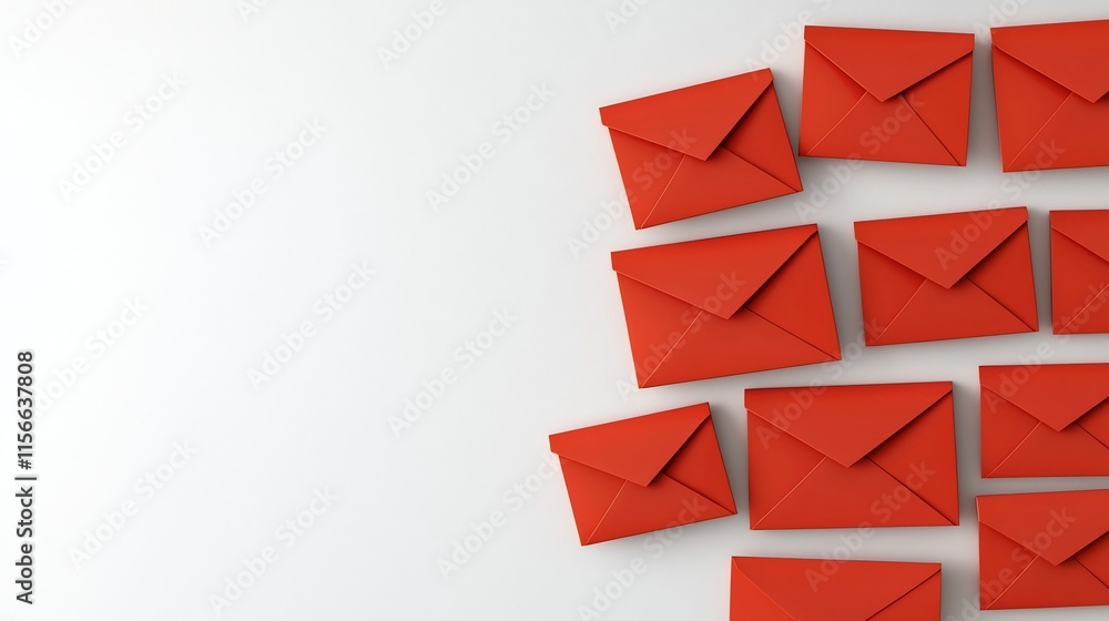 Poster red envelopes spreading outward on a clean white background with a spacious text placeholder for 3d 