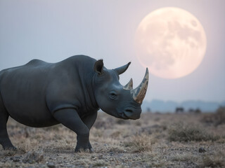 Obraz premium A black rhino stands in a wide field with a large moon in the background. (Ceratotherium simum)