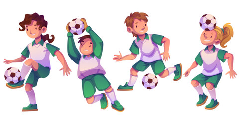 Kids playing soccer set isolated on white background. Vector cartoon illustration of happy teen boys and girls running, jumping, kicking ball, team sports game, active lifestyle, healthy activity