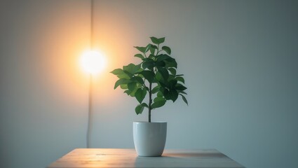Plant sits on a table in a dimly lit room