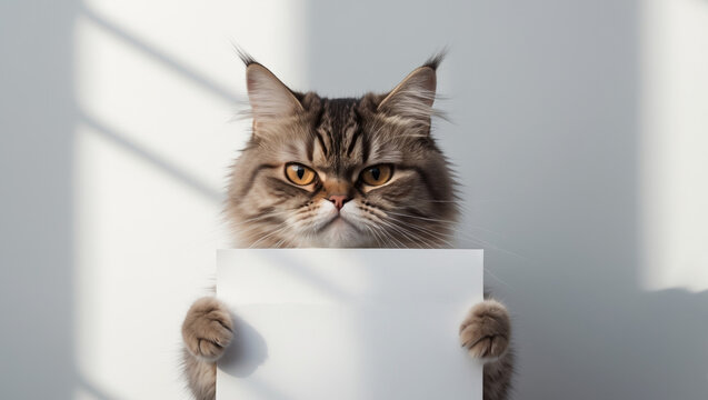 cute angry cat hold a empty paper copy space free space for text