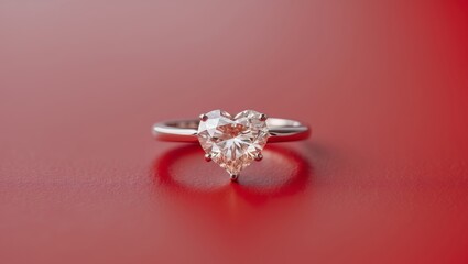 a close up of a heart shaped diamond ring on a red background
