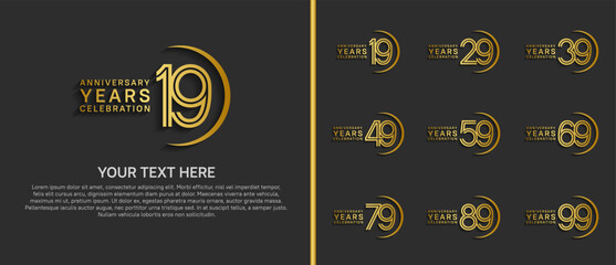 logo anniversary set. golden color with swoosh on black background for special event