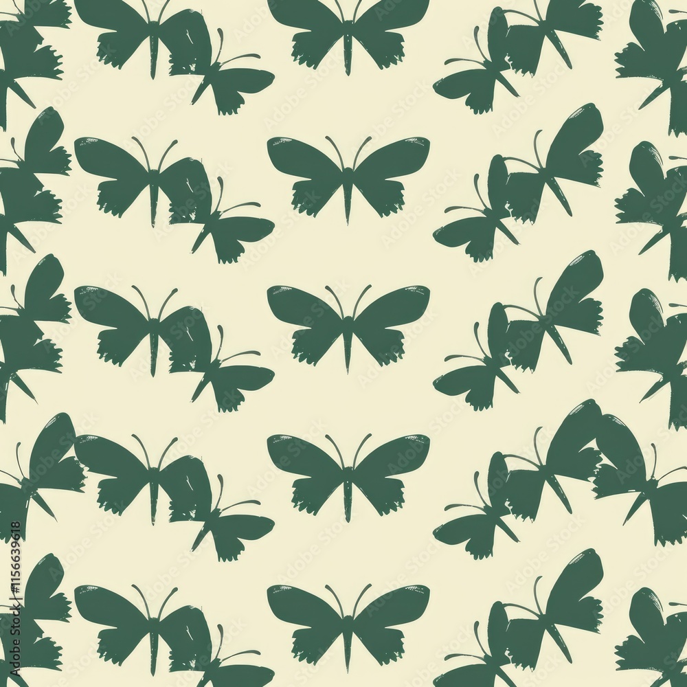 Poster a repeating pattern of stylized butterflies on a light background.