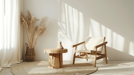 Sunlit Minimalist Interior: Wooden Armchair, Pampas Grass, and Natural Rug in a Serene Living Space